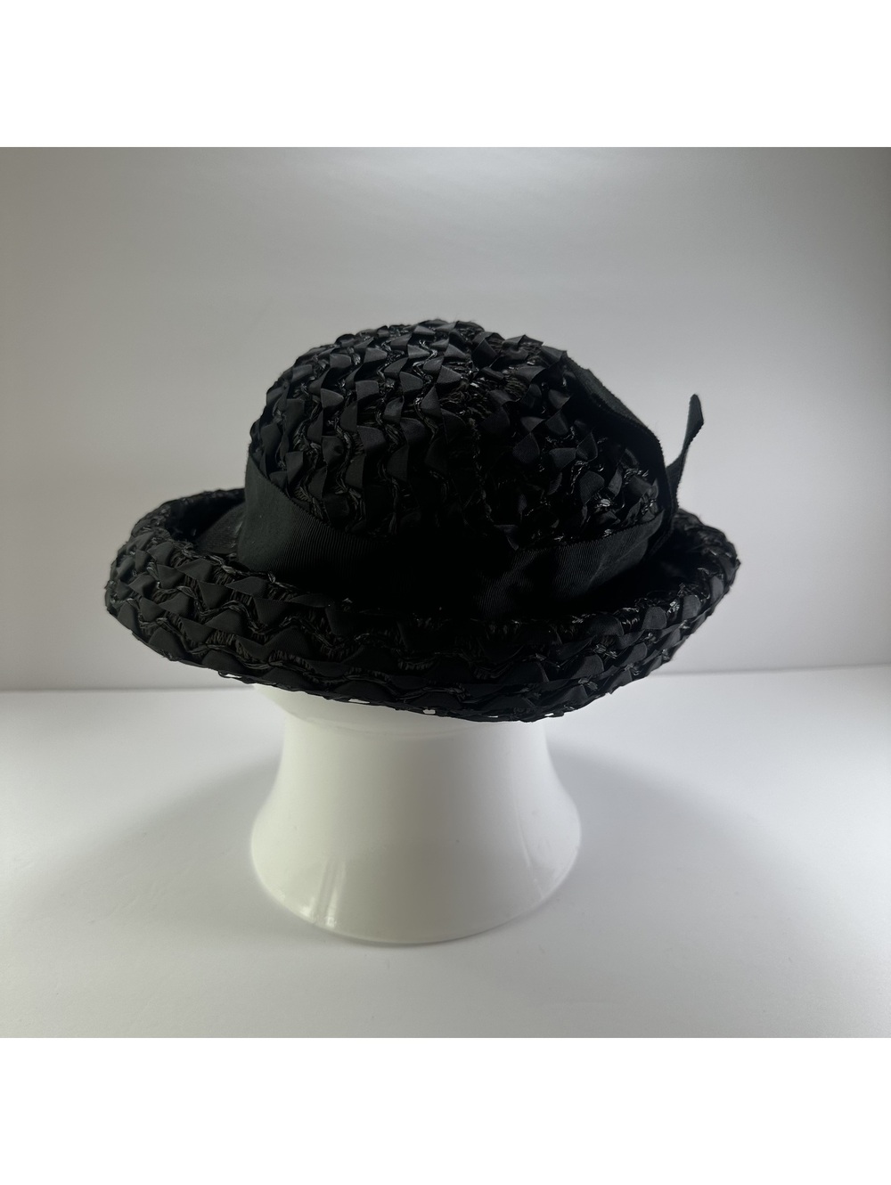 Vintage Union Made Black Woven Cloche Hat with Ribbon Bow